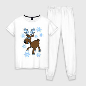 Женская пижама хлопок с принтом Олень и снег в Екатеринбурге, 100% хлопок | брюки и футболка прямого кроя, без карманов, на брюках мягкая резинка на поясе и по низу штанин | 2014 год | новогодний подарок | новый год | олень | олень и снег | с новым годом | снег | снежинки