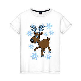 Женская футболка хлопок с принтом Олень и снег в Екатеринбурге, 100% хлопок | прямой крой, круглый вырез горловины, длина до линии бедер, слегка спущенное плечо | 2014 год | новогодний подарок | новый год | олень | олень и снег | с новым годом | снег | снежинки