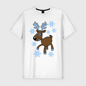 Мужская футболка премиум с принтом Олень и снег в Екатеринбурге, 92% хлопок, 8% лайкра | приталенный силуэт, круглый вырез ворота, длина до линии бедра, короткий рукав | 2014 год | новогодний подарок | новый год | олень | олень и снег | с новым годом | снег | снежинки