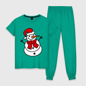 Женская пижама хлопок с принтом Снеговик в Екатеринбурге, 100% хлопок | брюки и футболка прямого кроя, без карманов, на брюках мягкая резинка на поясе и по низу штанин | 2014 | веселый снеговик | зима | снег | снеговик | снеговикновый год | снежинки