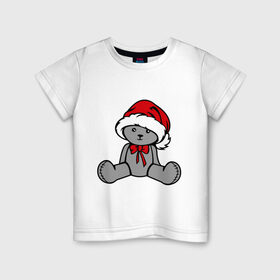 Детская футболка хлопок с принтом Мишка в новогодней шапке в Екатеринбурге, 100% хлопок | круглый вырез горловины, полуприлегающий силуэт, длина до линии бедер | Тематика изображения на принте: новогодний | рождество