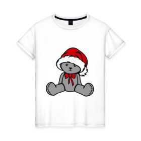Женская футболка хлопок с принтом Мишка в новогодней шапке в Екатеринбурге, 100% хлопок | прямой крой, круглый вырез горловины, длина до линии бедер, слегка спущенное плечо | новогодний | рождество