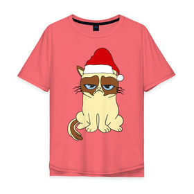 Мужская футболка хлопок Oversize с принтом Угрюмый новогодний кот в Екатеринбурге, 100% хлопок | свободный крой, круглый ворот, “спинка” длиннее передней части | Тематика изображения на принте: кот | котик | котя | новый год | новый год 2014 | угрюмый новогодний кот