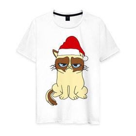 Мужская футболка хлопок с принтом Угрюмый новогодний кот в Екатеринбурге, 100% хлопок | прямой крой, круглый вырез горловины, длина до линии бедер, слегка спущенное плечо. | кот | котик | котя | новый год | новый год 2014 | угрюмый новогодний кот