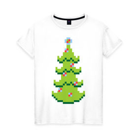 Женская футболка хлопок с принтом Пиксельная елка в Екатеринбурге, 100% хлопок | прямой крой, круглый вырез горловины, длина до линии бедер, слегка спущенное плечо | 8 bit | елочка | ель | новогодняя елка | пиксели | пиксельный | с новым годом | с рождеством