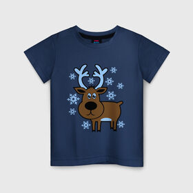 Детская футболка хлопок с принтом Олень и снежинки в Екатеринбурге, 100% хлопок | круглый вырез горловины, полуприлегающий силуэт, длина до линии бедер | новогодний подарок | новый год | олень | олень и снижинки | с новым годом | снег | снежинки