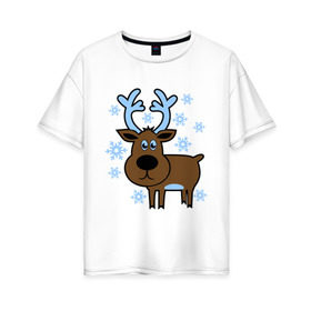 Женская футболка хлопок Oversize с принтом Олень и снежинки в Екатеринбурге, 100% хлопок | свободный крой, круглый ворот, спущенный рукав, длина до линии бедер
 | новогодний подарок | новый год | олень | олень и снижинки | с новым годом | снег | снежинки