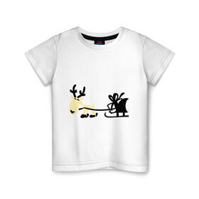 Детская футболка хлопок с принтом Новогодний олень в Екатеринбурге, 100% хлопок | круглый вырез горловины, полуприлегающий силуэт, длина до линии бедер | Тематика изображения на принте: новогодний | олень | рождество | сани