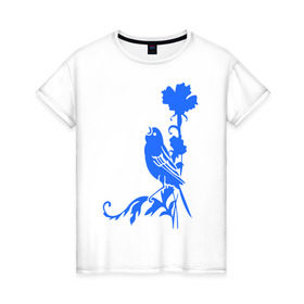 Женская футболка хлопок с принтом Птичка на цветочке в Екатеринбурге, 100% хлопок | прямой крой, круглый вырез горловины, длина до линии бедер, слегка спущенное плечо | птичка | птичка на цветочке | птичка поет | сад | соловей