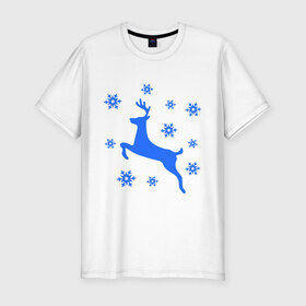 Мужская футболка премиум с принтом Олень и снежинки в Екатеринбурге, 92% хлопок, 8% лайкра | приталенный силуэт, круглый вырез ворота, длина до линии бедра, короткий рукав | олень и снежинки | праздник | снежинки