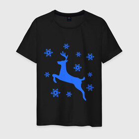 Мужская футболка хлопок с принтом Олень и снежинки в Екатеринбурге, 100% хлопок | прямой крой, круглый вырез горловины, длина до линии бедер, слегка спущенное плечо. | олень и снежинки | праздник | снежинки