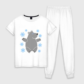 Женская пижама хлопок с принтом Белый мишка в Екатеринбурге, 100% хлопок | брюки и футболка прямого кроя, без карманов, на брюках мягкая резинка на поясе и по низу штанин | белый медведь | белый мишка | животные | мишка с в снежинках | новогодний мишка | новый год