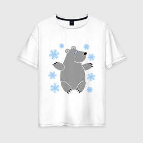 Женская футболка хлопок Oversize с принтом Белый мишка в Екатеринбурге, 100% хлопок | свободный крой, круглый ворот, спущенный рукав, длина до линии бедер
 | белый медведь | белый мишка | животные | мишка с в снежинках | новогодний мишка | новый год