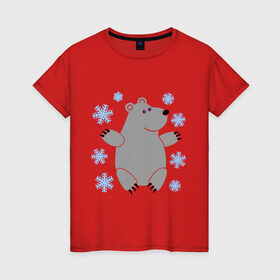 Женская футболка хлопок с принтом Белый мишка в Екатеринбурге, 100% хлопок | прямой крой, круглый вырез горловины, длина до линии бедер, слегка спущенное плечо | белый медведь | белый мишка | животные | мишка с в снежинках | новогодний мишка | новый год