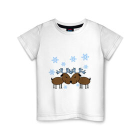 Детская футболка хлопок с принтом Влюбленные олени в Екатеринбурге, 100% хлопок | круглый вырез горловины, полуприлегающий силуэт, длина до линии бедер | влюбленные олени | новый год | олени | снежинки