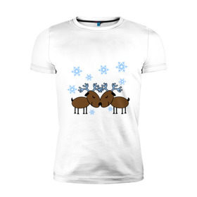 Мужская футболка премиум с принтом Влюбленные олени в Екатеринбурге, 92% хлопок, 8% лайкра | приталенный силуэт, круглый вырез ворота, длина до линии бедра, короткий рукав | влюбленные олени | новый год | олени | снежинки