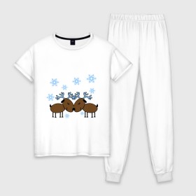Женская пижама хлопок с принтом Влюбленные олени в Екатеринбурге, 100% хлопок | брюки и футболка прямого кроя, без карманов, на брюках мягкая резинка на поясе и по низу штанин | влюбленные олени | новый год | олени | снежинки