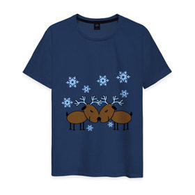 Мужская футболка хлопок с принтом Влюбленные олени в Екатеринбурге, 100% хлопок | прямой крой, круглый вырез горловины, длина до линии бедер, слегка спущенное плечо. | влюбленные олени | новый год | олени | снежинки