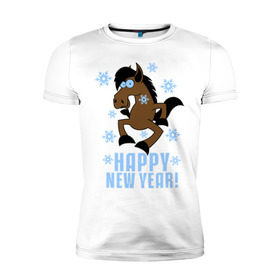Мужская футболка премиум с принтом Новогодняя Лошадка в Екатеринбурге, 92% хлопок, 8% лайкра | приталенный силуэт, круглый вырез ворота, длина до линии бедра, короткий рукав | Тематика изображения на принте: happy new year | идеи подарков | конь | лошадка | новогодняя лошадка | новый год | новый год 2014