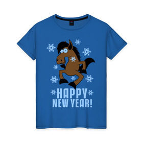 Женская футболка хлопок с принтом Новогодняя Лошадка в Екатеринбурге, 100% хлопок | прямой крой, круглый вырез горловины, длина до линии бедер, слегка спущенное плечо | happy new year | идеи подарков | конь | лошадка | новогодняя лошадка | новый год | новый год 2014