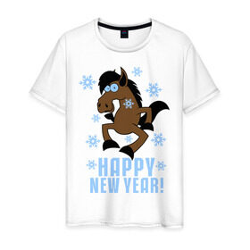 Мужская футболка хлопок с принтом Новогодняя Лошадка в Екатеринбурге, 100% хлопок | прямой крой, круглый вырез горловины, длина до линии бедер, слегка спущенное плечо. | happy new year | идеи подарков | конь | лошадка | новогодняя лошадка | новый год | новый год 2014