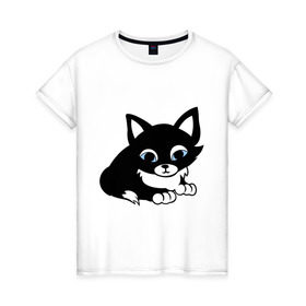 Женская футболка хлопок с принтом Кошечка в Екатеринбурге, 100% хлопок | прямой крой, круглый вырез горловины, длина до линии бедер, слегка спущенное плечо | киска | кошечка | кошка с белым хвостиком | мяу | черная кошка