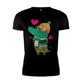 Мужская футболка премиум с принтом Влюбленный крокодил в Екатеринбурге, 92% хлопок, 8% лайкра | приталенный силуэт, круглый вырез ворота, длина до линии бедра, короткий рукав | влюбленный | влюбленный крокодил | крокодил | крокодил в шапке | сердечки | шапка