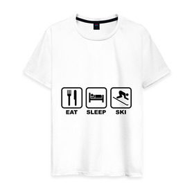 Мужская футболка хлопок с принтом Eat Sleep Ski (Еда, Сон, Лыжи) в Екатеринбурге, 100% хлопок | прямой крой, круглый вырез горловины, длина до линии бедер, слегка спущенное плечо. | eat sleep ski | горнолыжная тема | еда | лыжи | сноуборд | сон | спорт
