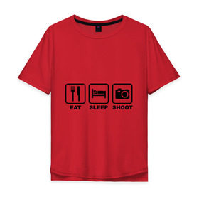Мужская футболка хлопок Oversize с принтом Eat Sleep Shoot (Ешь, Спи, Фотографируй) в Екатеринбурге, 100% хлопок | свободный крой, круглый ворот, “спинка” длиннее передней части | eat sleep shoot | вилка | ешь | кровать | снимок | сон | спи | фотоаппарат | фотографируй