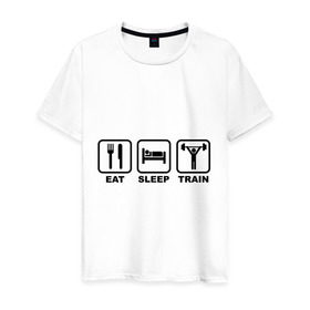 Мужская футболка хлопок с принтом Eat Sleep Train (Ешь, Спи, Тренируйся) в Екатеринбурге, 100% хлопок | прямой крой, круглый вырез горловины, длина до линии бедер, слегка спущенное плечо. | eat sleep train | ешь | силовой спорт | спи | спорт | тренируйся
