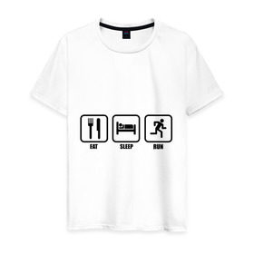 Мужская футболка хлопок с принтом Eat Sleep Run (Еда, Сон, Бег) в Екатеринбурге, 100% хлопок | прямой крой, круглый вырез горловины, длина до линии бедер, слегка спущенное плечо. | Тематика изображения на принте: eat sleep run | бег | вилка | еда | кровать | сон