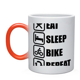 Кружка хамелеон с принтом Eat Sleep Bike Repeat в Екатеринбурге, керамика | меняет цвет при нагревании, емкость 330 мл | bike | eat | eat sleep bike repeat | repeat | sleep | велоспорт | кровать | спорт