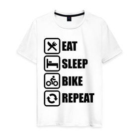Мужская футболка хлопок с принтом Eat Sleep Bike Repeat в Екатеринбурге, 100% хлопок | прямой крой, круглый вырез горловины, длина до линии бедер, слегка спущенное плечо. | bike | eat | eat sleep bike repeat | repeat | sleep | велоспорт | кровать | спорт