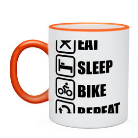 Кружка двухцветная с принтом Eat Sleep Bike Repeat в Екатеринбурге, керамика | объем — 330 мл, диаметр — 80 мм. Цветная ручка и кайма сверху, в некоторых цветах — вся внутренняя часть | Тематика изображения на принте: bike | eat | eat sleep bike repeat | repeat | sleep | велоспорт | кровать | спорт