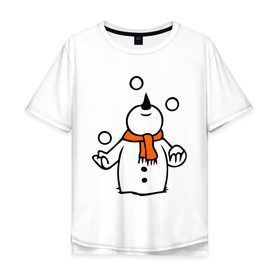 Мужская футболка хлопок Oversize с принтом Снеговик играет в снежки. в Екатеринбурге, 100% хлопок | свободный крой, круглый ворот, “спинка” длиннее передней части | новый год | новый год 2014 | подарки | снег | снеговик | снеговик играет в снежки | снежки