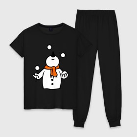 Женская пижама хлопок с принтом Снеговик играет в снежки. в Екатеринбурге, 100% хлопок | брюки и футболка прямого кроя, без карманов, на брюках мягкая резинка на поясе и по низу штанин | новый год | новый год 2014 | подарки | снег | снеговик | снеговик играет в снежки | снежки