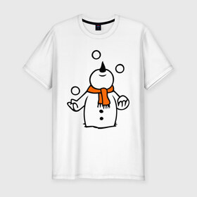 Мужская футболка премиум с принтом Снеговик играет в снежки. в Екатеринбурге, 92% хлопок, 8% лайкра | приталенный силуэт, круглый вырез ворота, длина до линии бедра, короткий рукав | Тематика изображения на принте: новый год | новый год 2014 | подарки | снег | снеговик | снеговик играет в снежки | снежки