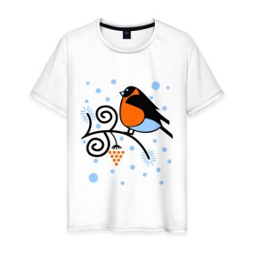 Мужская футболка хлопок с принтом Снегирь на ветке рябины в Екатеринбурге, 100% хлопок | прямой крой, круглый вырез горловины, длина до линии бедер, слегка спущенное плечо. | ветка | зима | птица | рябина | снег | снегирь на ветке рябины