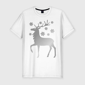 Мужская футболка премиум с принтом Олень в Екатеринбурге, 92% хлопок, 8% лайкра | приталенный силуэт, круглый вырез ворота, длина до линии бедра, короткий рукав | новогодний подарок | олень и  снежинки | с новым годом | северный олень | снег | снежинки