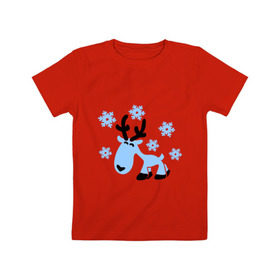 Детская футболка хлопок с принтом Няшный олень. в Екатеринбурге, 100% хлопок | круглый вырез горловины, полуприлегающий силуэт, длина до линии бедер | новогодний подарок | няшный олень | олень | олень и снег | с новым годом | снег | снежинки