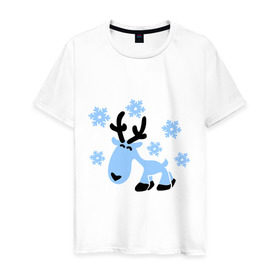 Мужская футболка хлопок с принтом Няшный олень. в Екатеринбурге, 100% хлопок | прямой крой, круглый вырез горловины, длина до линии бедер, слегка спущенное плечо. | новогодний подарок | няшный олень | олень | олень и снег | с новым годом | снег | снежинки