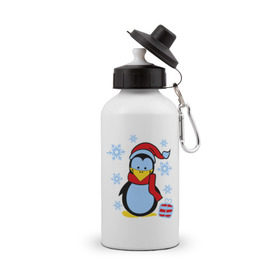 Бутылка спортивная с принтом Пингвин в новогодней шапке в Екатеринбурге, металл | емкость — 500 мл, в комплекте две пластиковые крышки и карабин для крепления | Тематика изображения на принте: пингвин