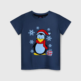 Детская футболка хлопок с принтом Пингвин в новогодней шапке в Екатеринбурге, 100% хлопок | круглый вырез горловины, полуприлегающий силуэт, длина до линии бедер | Тематика изображения на принте: пингвин
