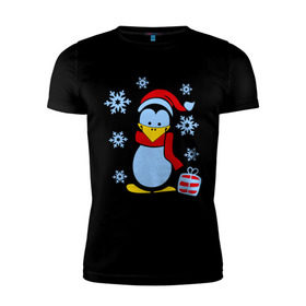 Мужская футболка премиум с принтом Пингвин в новогодней шапке в Екатеринбурге, 92% хлопок, 8% лайкра | приталенный силуэт, круглый вырез ворота, длина до линии бедра, короткий рукав | пингвин