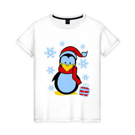 Женская футболка хлопок с принтом Пингвин в новогодней шапке в Екатеринбурге, 100% хлопок | прямой крой, круглый вырез горловины, длина до линии бедер, слегка спущенное плечо | пингвин