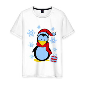 Мужская футболка хлопок с принтом Пингвин в новогодней шапке в Екатеринбурге, 100% хлопок | прямой крой, круглый вырез горловины, длина до линии бедер, слегка спущенное плечо. | Тематика изображения на принте: пингвин