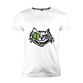 Мужская футболка премиум с принтом Свирепый кот в Екатеринбурге, 92% хлопок, 8% лайкра | приталенный силуэт, круглый вырез ворота, длина до линии бедра, короткий рукав | Тематика изображения на принте: глаза | зеленные глаза | зубы | кот | кот с зеленными глаза | котяра | кошачий глаз | свирепый кот