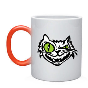 Кружка хамелеон с принтом Свирепый кот в Екатеринбурге, керамика | меняет цвет при нагревании, емкость 330 мл | Тематика изображения на принте: глаза | зеленные глаза | зубы | кот | кот с зеленными глаза | котяра | кошачий глаз | свирепый кот