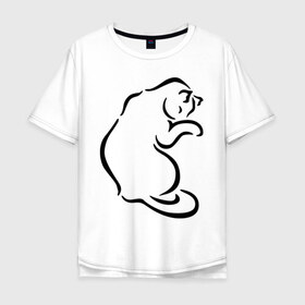Мужская футболка хлопок Oversize с принтом Кошка в Екатеринбурге, 100% хлопок | свободный крой, круглый ворот, “спинка” длиннее передней части | киска | кошечка | кошка | кошка лижет лапу | лижет | милая кошка | намывает гостей | прикольные картинки | силуэт кошка