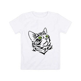 Детская футболка хлопок с принтом Узор - кот в Екатеринбурге, 100% хлопок | круглый вырез горловины, полуприлегающий силуэт, длина до линии бедер | глаза | киска | кот с зеленными глазами | кошки | силуэт  кота | узор   кот